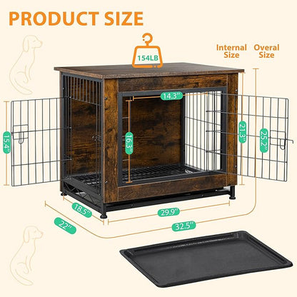 Shintenchi Dog Crate Furniture, Double-Doors Kennel Indoor with Removable Tray, End Table Dog House for Small Medium Breed, 32.5" L, Brown