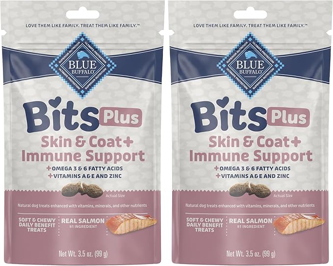 Blue Buffalo Blue Bits Plus Skin & Coat and Immune Support Daily Benefit Dog Treats, Soft & Chewy Salmon Morsels, 3.5-oz. Bag (Pack of 2)