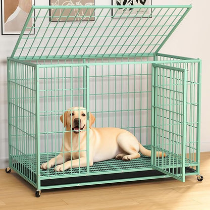 HIWOKK 48 Inch Large Dog Crate, Escape Proof Dog Cage with Dual Door Lock and Swivel Casters,Removable Tray for Easy Cleaning, Dog Kennel Indoor Outdoor Use