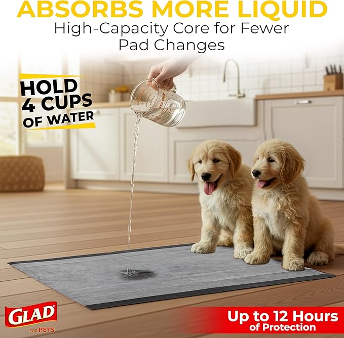 Glad for Pets Activated Carbon Dog Training Pads - Absorbent Large Disposable Dog Pee Pads for Dogs, XL Potty Pads for Dogs, Charcoal Puppy Pads with Adhesive Tabs, Jumbo Dog Pads, 28" x 30", 50 Count