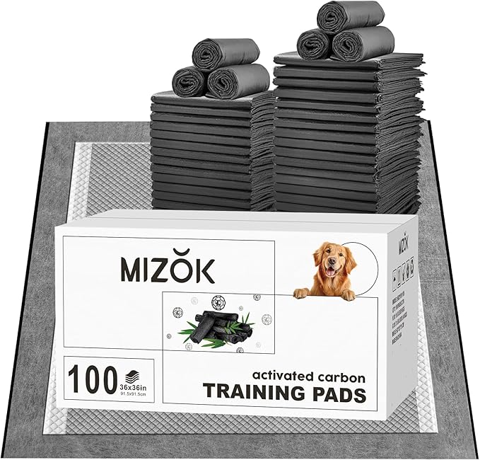 MIZOK Charcoal Dog Pee Pads Activated Carbon 36x36in Dog Pads Odor Control Up to 11 Cups of Liquid Super Absorption Pee Pads for Dogs Quick Dry & Leak-Proof Puppy Pads (100 Counts)