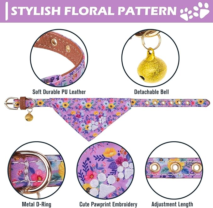 EXPAWLORER Dog Collar and Leash Set - Embroidery Floral Dog Bow Tie and Bandana Collar with Bell, Cute Flower Pet Collars and Rotating Leash No Tangle for Outdoor Walking, Purple S