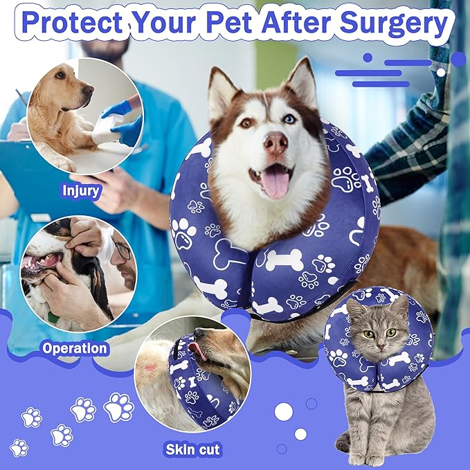 Recovery Donut Collar for Dogs & Cat,Inflatable Dog Cone Collar Alternative After Surgery,Soft Cone for Large Medium Small Dog,Adjustable Pet Neck Donut(Darkblue Bone,Medium