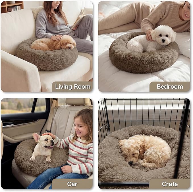 WROS Calming Dog Bed, 24" x 24" x 6" Fits Cat & Dog, Anti-Slip Round Washable Faux Fur for Doze Off, Napping Orthopedic, Khaki