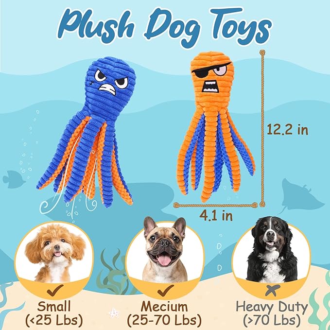Zeaxuie Dog Toys for Aggressive Chewers, 2 Pack No Stuffing Dog Toys for Teething, Squeaky Chew Toy to Keep Them Busy for Small and Medium Breed, Crinkle Octopus