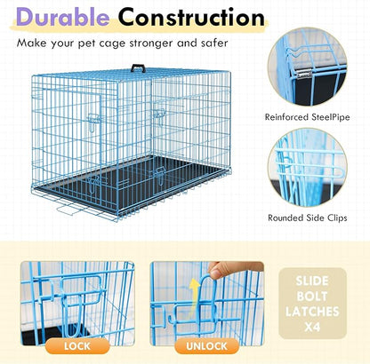 PayLessHere Small Dog Crate Kennel 24 inches Metal Dog Cage Double-Door Folding Travel Indoor Outdoor Puppy Playpen with Divider and Handle Plastic Tray,Blue