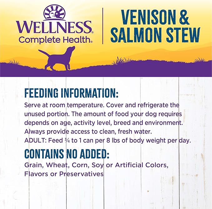 Wellness Complete Health Stew Adult Canned Wet Dog Food, Grain Free, Natural, Venison and Salmon Recipe, 12.5 oz, Pack of 12 Cans