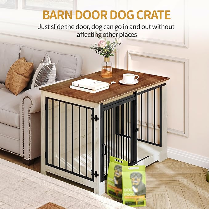 Hzuaneri 39.4" Heavy Duty Dog Crate Furniture with Barn Door, Wood Indoor Dog Crate Kennel for Small/Medium/Large Dogs, End Side Table, TV Stand, Anti-Chew Anti-Escape, White Brown DFC02314B