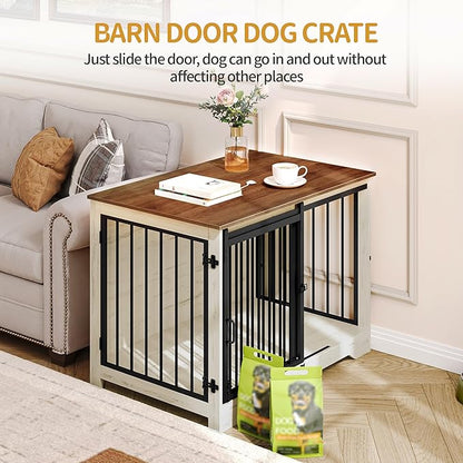 Hzuaneri 39.4" Heavy Duty Dog Crate Furniture with Barn Door, Wood Indoor Dog Crate Kennel for Small/Medium/Large Dogs, End Side Table, TV Stand, Anti-Chew Anti-Escape, White Brown DFC02314B