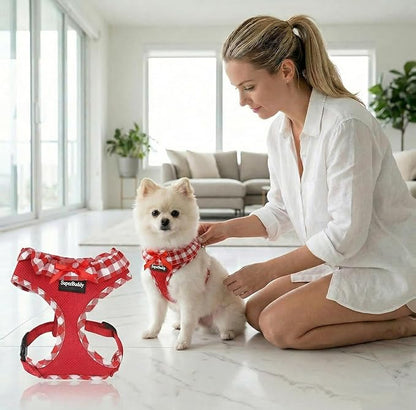 SuperBuddy Upgraded Soft Mesh Dog Harness, Super Breathable Lightweight Pet Harnesses for Puppy Dogs Outdoor Walking, Red Dog Harness -Small