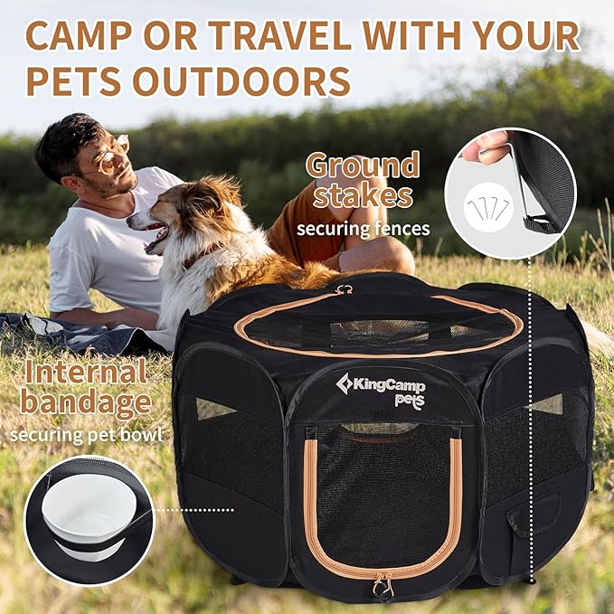 KingCamp Dog Playpen, Portable Foldable Cat Kitten Puppy Tent Crates 29"/36"/50" Pop Up Pet Playpen with Zippered Bottom & Cover for Indoor Outdoor Use (Medium, Black)