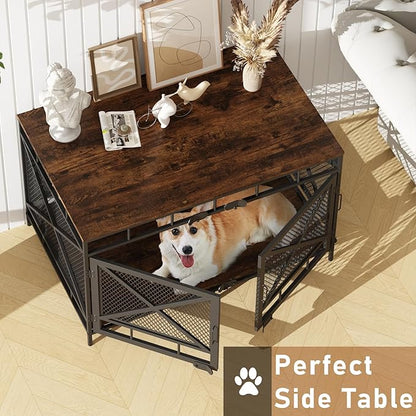 Dog Crate Furniture, Wooden Dog Kennel Table, Heavy Duty Large Indoor Dog House with Three Doors, 43" Large Size (Retro Brown)