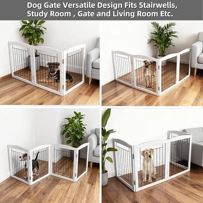 ZJSF Freestanding Foldable Dog Gate for House Extra Wide Wooden White Puppy Gate Stairs Dog Gates Doorways Tall Pet Gate 3 Panels Pet Fence