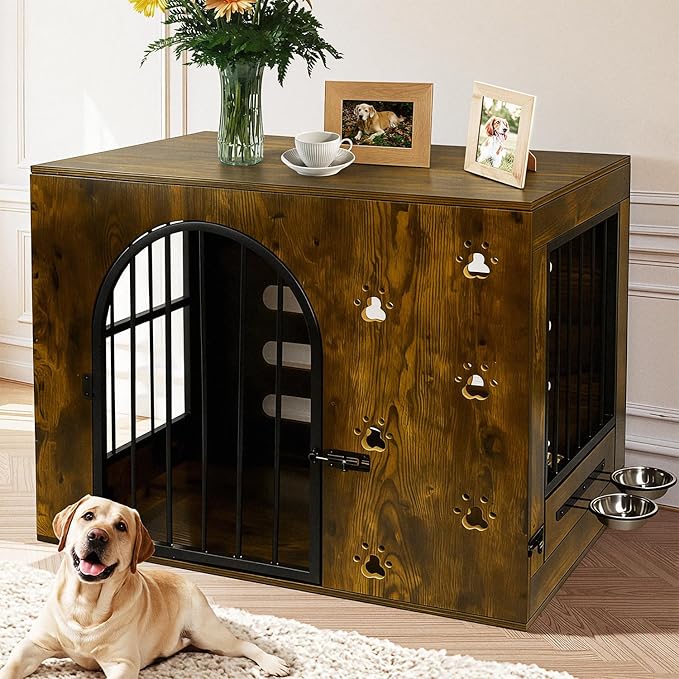 Dog Crate Furniture for Small Medium Dogs, Heavy Duty Wood Metal Indoor Dog Kennel with Bowls, Decorative Pet Cage Dog House as TV Stand, Brown