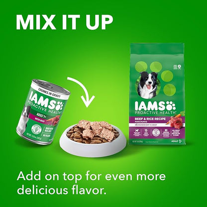 IAMS Proactive Health Wet Dog Food Adult, Canned Dog Food, Beef, Rice, Carrots & Green Beans Chunks in Gravy, 13 oz. Cans (Pack of 12)
