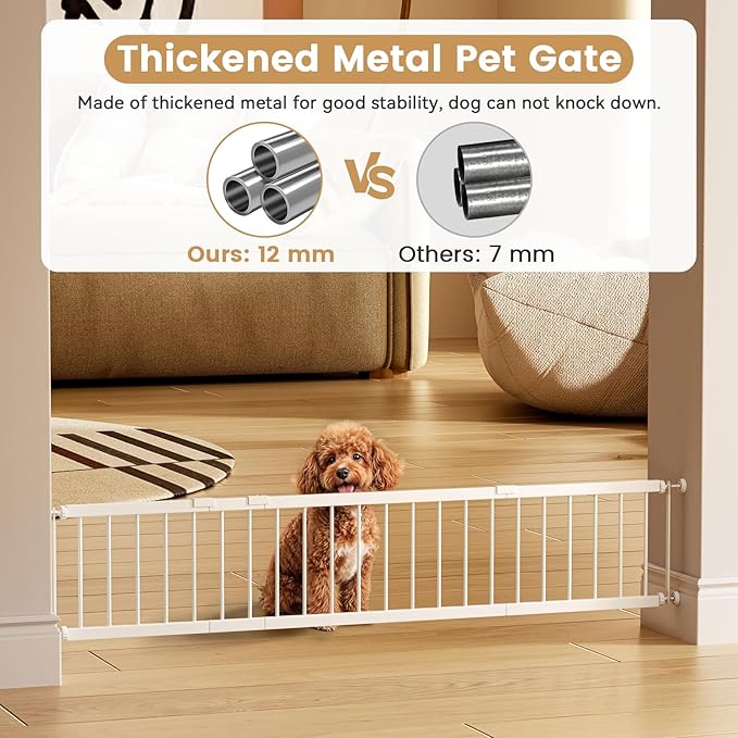 Fldofaves Dog Gate - 18"-45" Adjustable Extra Wide Metal Baby Gate to Step Over, 10" Tall Small Pet Gate with 3 Extension Kits, Pressure Mounted for Doorways & Stairs