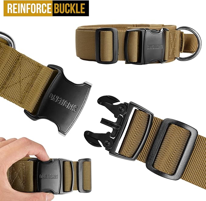 OneTigris Tough Dog Collars, Tactical Dog Collar with Handle, Milltary Adjustable Dog Collar with Heavy Duty Metal Buckle for Training (Large (Pack of 1), Brown)