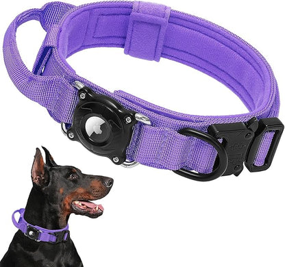 Tactical AirTag 2nd Gen (2026) & 1st Gen Dog Collar, 100% Waterproof Integrated Apple Air Tag Dog Collars with Hard PC AirTag Holder, Adjustable Military Collar with Handle, for Large Dogs(Purple,XL)