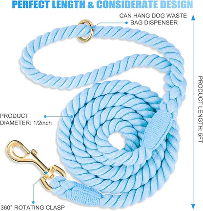 Dog Leash 5 FT Handmade Braided Cotton Rope Leashes for Small Medium and Large Dogs, New Golden Heavy Duty Metal Clasp, Light Blue