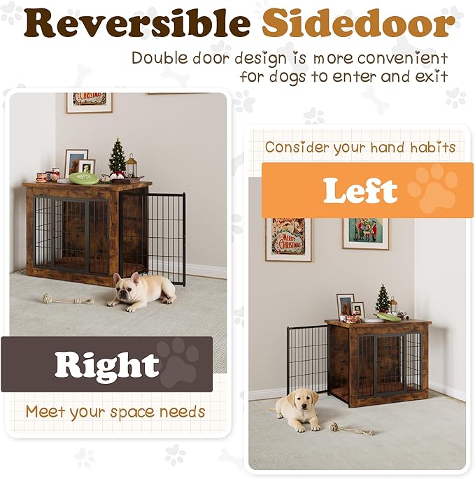 Dog Crate Furniture with Thick Cushion, Side End Table Wooden Dog Cage with Double Doors, Chew-Resistant Dog Kennel Dog House Indoor for Small to Large Dog