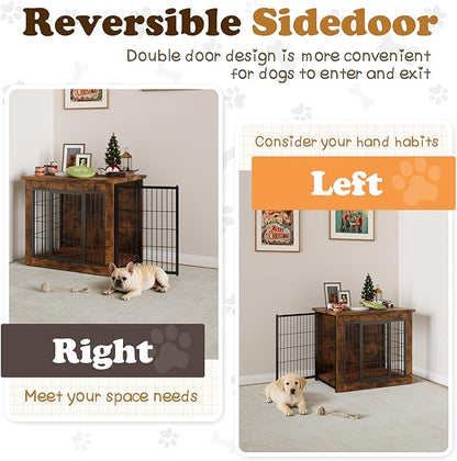 Dog Crate Furniture with Thick Cushion, Side End Table Wooden Dog Cage with Double Doors, Chew-Resistant Dog Kennel Dog House Indoor for Small to Large Dog