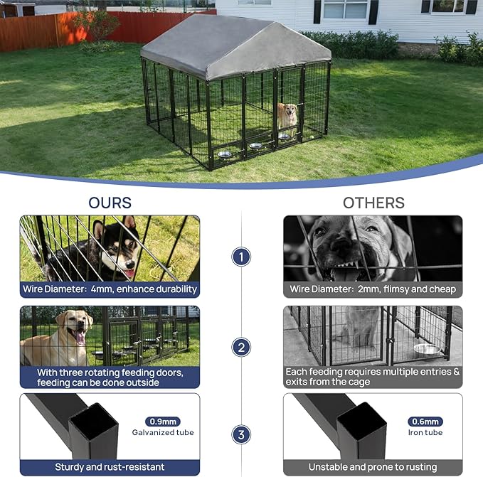 Large Outdoor Dog Kennel with Roof, 7.9×7.9×6.6FT Heavy-Duty Dog Cage with 3 Swivel Feeding Bowls, Double Doors, Anti-Rust Metal Dog Run for All-Weather Protection