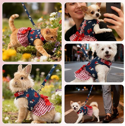 EXPAWLORER Dog Harness Small Medium Sized Dogs, Plaid Dog Dress Bowknot Harness and Leash Set, No Choke No Pull Soft Mesh Vest Cute Princess Puppy Outfits Clothes Costume for Girls Party Cats Navy M