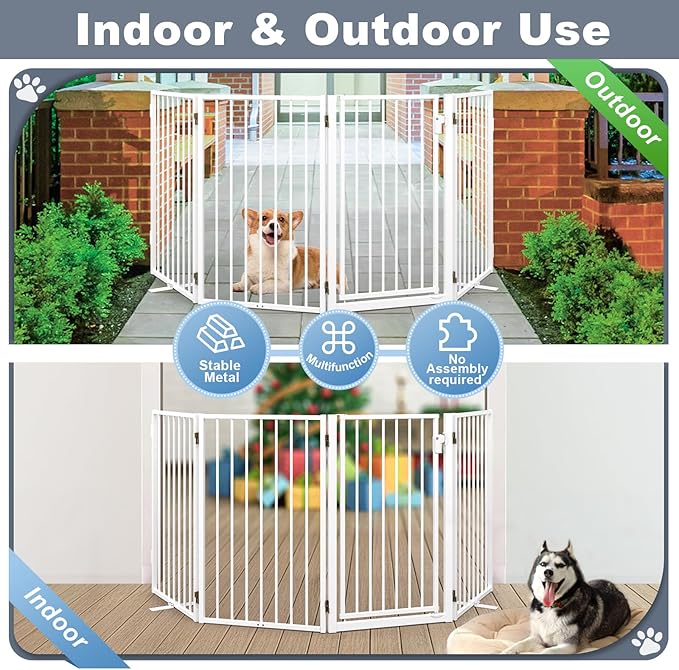 Metal Freestanding Dog Gates with Door for Outdoor Indoor,80'' Extra Wide 32'' Tall Free Standing Dog Gate for Doorways,Large Openings,Deck,Yard,Porch,Foldable Pet Fence(White,4 Panels)