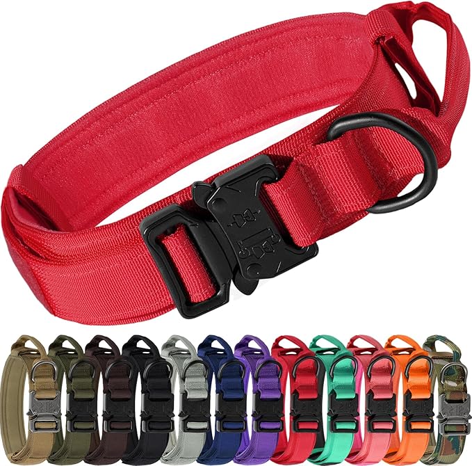 Joytale Tactical Dog Collar with Handle and Metal Buckle, Heavy Duty Padded Military Collar with 2 Patches for Training, Adjustable for Medium Dogs, Red, M