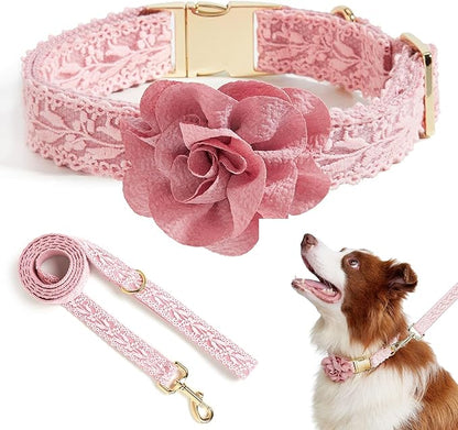 Pink Lace Dog Collar and Leash Set for Small Dogs with Detachable Flower Bow, Gold Hardware, Elegant Pet Accessories for Female Dogs,S
