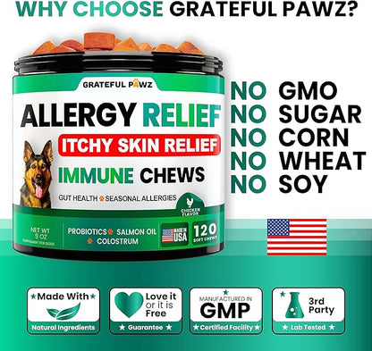 Dog Allergy Relief Chews - Dog Itch Relief - Probiotics, Omega 3 Fish Oil + Colostrum - Itchy Skin - Seasonal Allergies - Anti Itch Support & Hot Spots - Immune Health Supplement - Made in USA