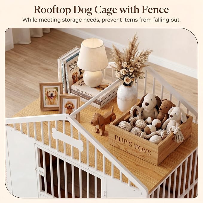 IRONCK 41.3" Dog Crate Furniture with 2 DIY Frame, Heavy Duty Pet Crates with 2 Rotatable Dog Bowls & Name Tag, Decorative Roof Shape Dog Kennel Indoor with 5 Wheels for Medium Dogs, White
