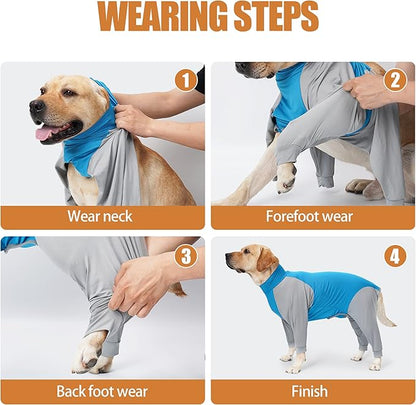 Dog Recovery Suit, Abdominal Wound After Surgery Wear, Prevent Licking Wounds, E-Collar & Cone Alternatives, Long Sleeve Postoperative Shirts Dog Pajamas Prevent Shedding(Large, Blue)