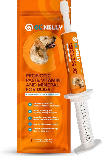 OL’ NELLY Dog Probiotic Paste for Dogs & Cats – Helps with Diarrhea, Gas & Loose Stool, Digestive Support, 6-Strain Probiotics + Prebiotic, Vitamin E & Selenium, Supports Immunity & Skin, 14g