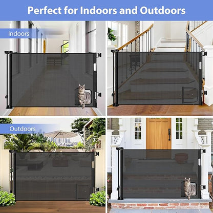 Retractable Baby Gates with Cat Door 80" Wide Retractable Dog Gate with Pet Door Outdoor Retractable Gate for Dogs Retractable Pet Gate with Door Mesh Baby Gate Retractable Mesh Dog Gate (Black)