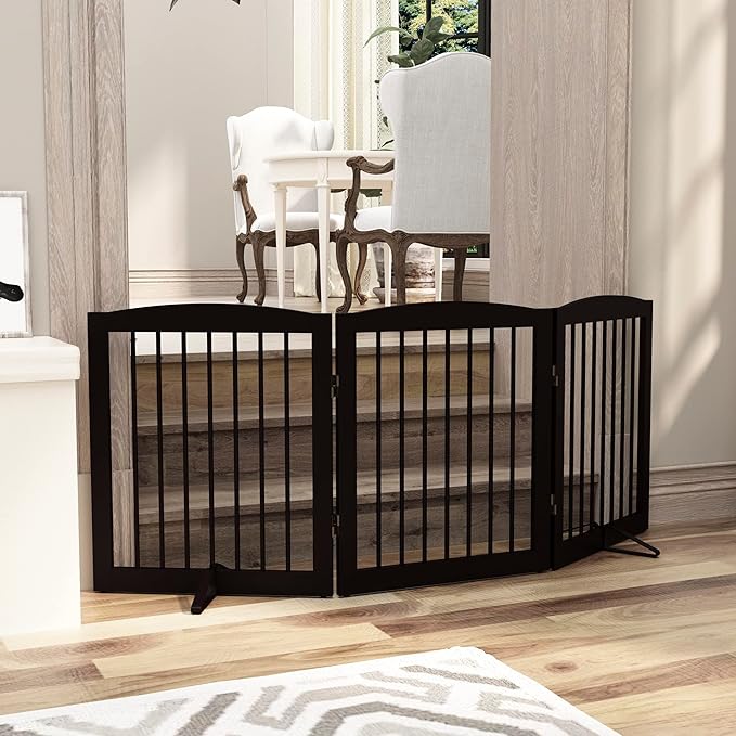 PUPETPO Freestanding Pet Gate for Dogs, Foldable Wooden Dog Gate for House, Indoor Dog Gate for Doorways, Stairs, Gates for Dogs Indoor, Support Feet Included, 24" Height 3 Panels, Brown