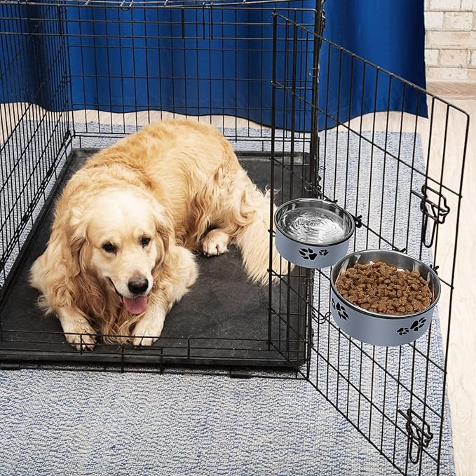 Kennel Water Bowl, ShineMe Stainless Steel Pet Food and Water Feeder Dishes - Attachable Dog Crate Bowls Hanging 2 Pack No Spill for Medium & Large Dogs (7.1x2.9” & 6.2x2.6”)