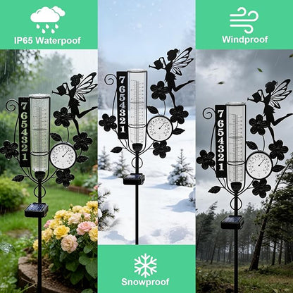 YJFWAL Fairy Rain Gauge Outdoor, Decorative Metal Number Solar Rain Gauge with LED Light and Thermometer, Garden Decor for Yard, Lawn, Pathway, Farm