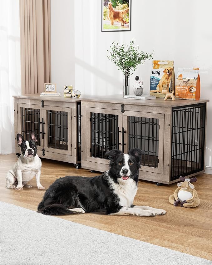 YaFiti Dog Crate Furniture with Cushion, Wooden Dog Kennel with Double Doors, Heavy Duty Dog Cage End Table with Wheels, Dog House Indoor for Small Medium Dogs up to 45 lb, 32.5” L, Grey