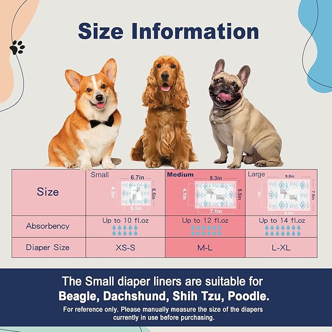 Dog Diapers Liners, 150 Ct, Super Absorbent Doggie Diaper Inserts for Male Dog Wraps and Female Dog Diapers, Hook-and-Loop Tape Design, Super-fit & No Shifting, Medium Dog Diaper Pads