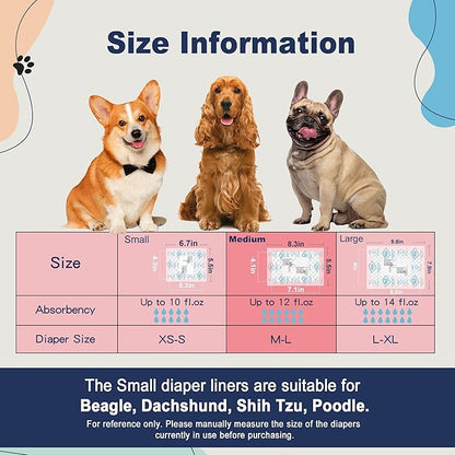 Dog Diapers Liners, 150 Ct, Super Absorbent Doggie Diaper Inserts for Male Dog Wraps and Female Dog Diapers, Hook-and-Loop Tape Design, Super-fit & No Shifting, Medium Dog Diaper Pads