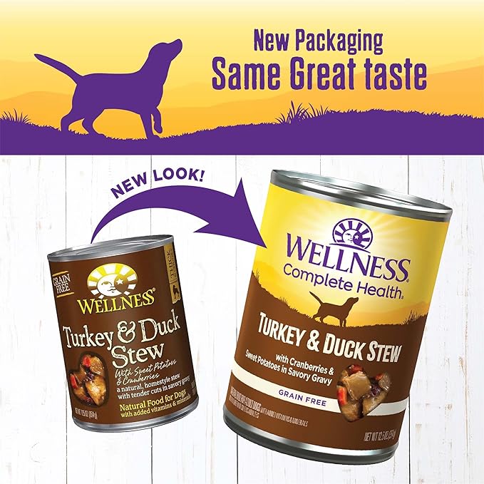 Wellness Complete Health Stew Adult Canned Wet Dog Food, Grain Free, Natural, Turkey and Duck Recipe, 12.5 oz, Pack of 12 Cans
