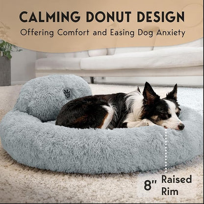 PetJett Dog Beds Large Sized Dog - 36'' Calming Round Bed, Anti-Slip & Washable Super Soft Donut Bed, Fluffy Faux Fur Anti-Anxiety Premium Comfort Pet Bed, Fits Dogs up to 80 lbs - Bright Grey
