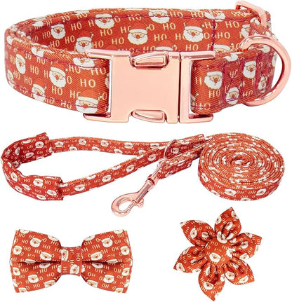 Christmas Dog Collar and Leash Set Girls Adjustable Puppy Collars with Christmas Bow Tie for Small Medium Large Female Dogs, Red Santa Claus, L