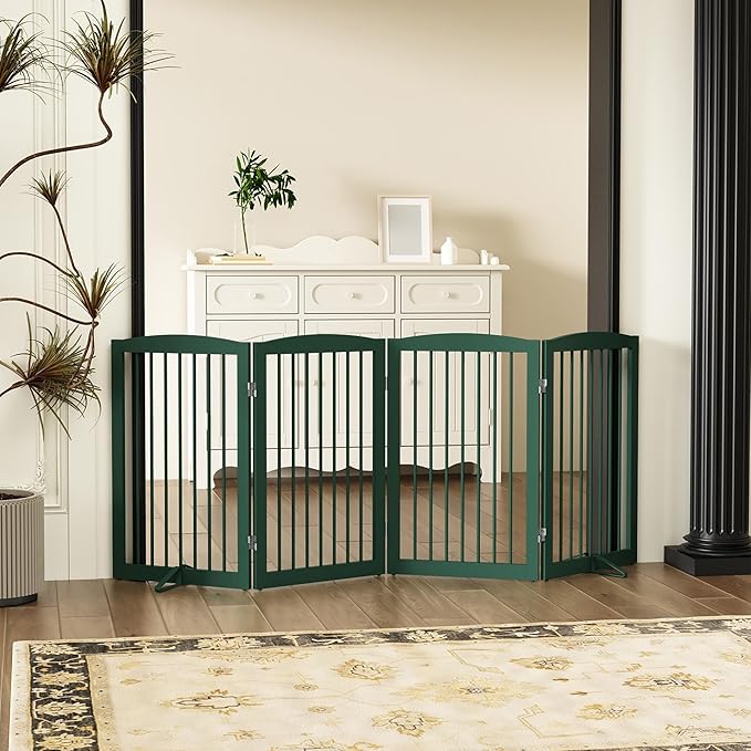 PUPETPO Freestanding Pet Gate for Dogs, Indoor Wooden Dog Gate for House, Foldable Dog Gate for Doorway, Stair, Step Over Pet Puppy Safety Fence Tall, 80 Inch Wide, 4 Panels 32", Green