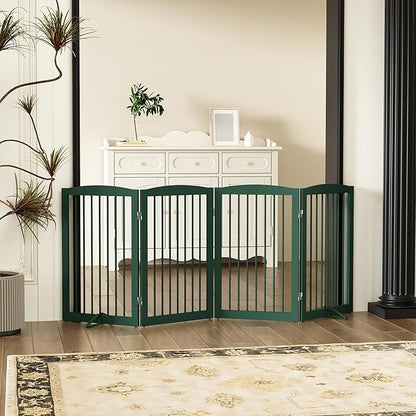 PUPETPO Freestanding Pet Gate for Dogs, Indoor Wooden Dog Gate for House, Foldable Dog Gate for Doorway, Stair, Step Over Pet Puppy Safety Fence Tall, 80 Inch Wide, 4 Panels 32", Green