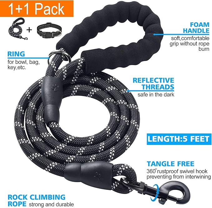 Ladoogo Reflective Dog Collar Padded with Soft Neoprene Breathable Adjustable Nylon Dog Collars for Small Medium Large Dogs (X-Small (Pack of 1), Black Collar+Leash)
