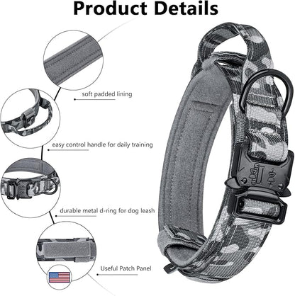 DAGANXI Tactical Dog Collar, Adjustable Military Training Nylon Dog Collar with Control Handle and Heavy Metal Buckle for Medium and Large Dogs, with Patches and Airtags Case (XL, Camo-Set)