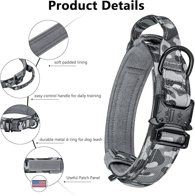 DAGANXI Tactical Dog Collar, Adjustable Military Training Nylon Dog Collar with Control Handle and Heavy Metal Buckle for Medium and Large Dogs, with Patches and Airtags Case (L, Camo-Set)