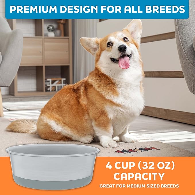 Master Pet Supply Stainless Steel Dog Bowls Set of 2 with Extra Thick Silicone Base - 4 Cup (32 oz) Graphite, Non-Slip, Dishwasher Safe Metal Bowls, Pet Dog Food Bowl for Dogs, Cats, Anti Rust